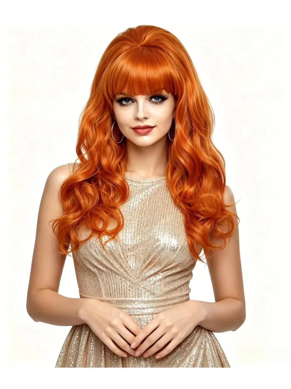 Women's Orange Heat Resistant Synthetic Fiber Retro Long Wavy Wigs Bangs